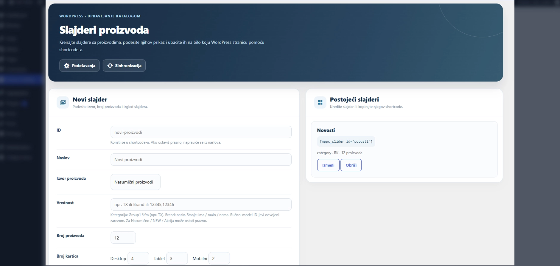 Promo Catalog WordPress administracija slidera